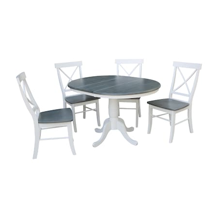 International Concepts Round 36 in Rd Extension Dining Table, 4 X-back Chairs, White/Heather Gray, 36 W, 48 L, 29.3 in H K05-36RXT-C613-4